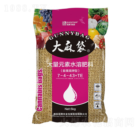 膨果高鉀型大量元素水溶肥料7-4-43+TE-大麻袋-昆騰生物
